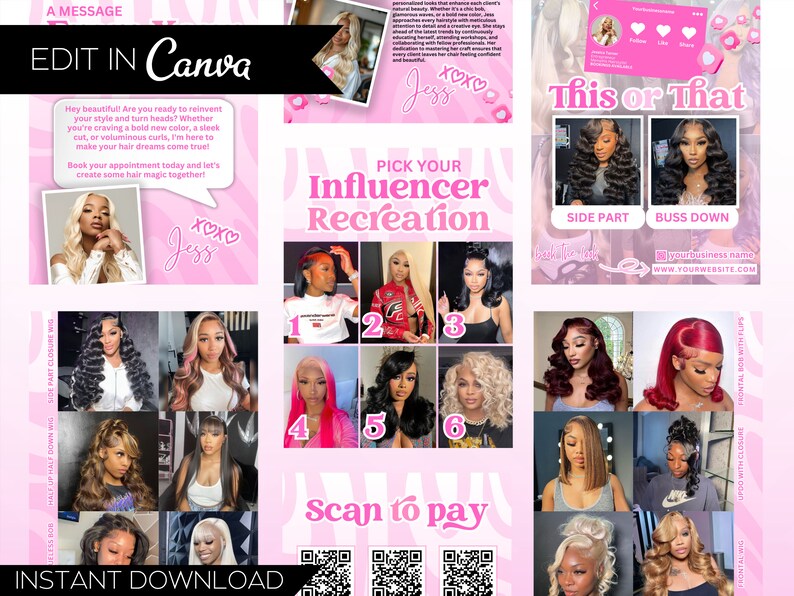 May include: Pink and white zebra print background with a collage of images of women with different hairstyles. The text "Pick Your Influencer Recreation" is in a pink and white striped box. The text "This or That" is in a pink box with a white border. The text "Side Part" and "Buss Down" are in white boxes with pink borders. The text "Scan to Pay" is in a pink box with a white border. The text "Instant Download" is in a white box with a pink border.