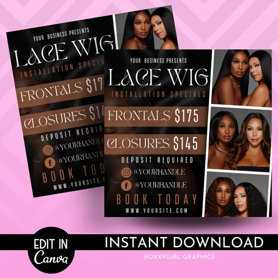 Wig Install Specials Flyer | DIY Hair Salon Appointment Book Now Sale Bundles Wigs Booking Salon Price List Editable Canva Flyer Template
