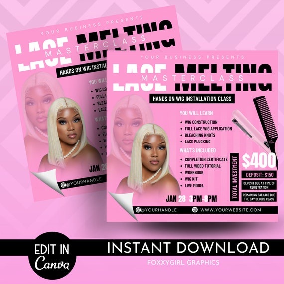 WIG TRAINING FLYER, wigs, Social Media Flyer, Beauty Template, Diy Flyer, Canva Template for Wig Class Flyer