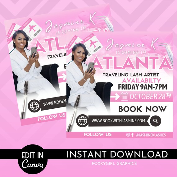 DIY E-FLYER TEMPLATE, travel makeup hair braids lashes bundles, travel e-flyer, makeup artist, braid installs, traveling makeup, canva