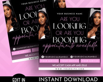 May include: Black and pink promotional flyer with the text "ARE YOU LOOKING OR ARE YOU BOOKING appointments available". The flyer features a woman's image and social media handles. The bottom of the flyer says "INSTANT DOWNLOAD".