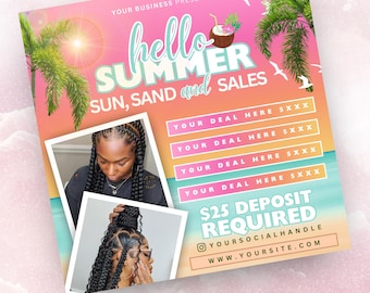 Summer Braid Sale Flyer, Summer Sale Flyer, Braid Prices Flyer, Braids Sale Flyer, Hair Flyer, Lashes Flyer, Braids Special Flyer Template