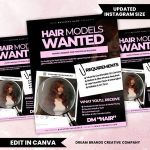 Puede incluir: Un folleto negro y rosa que anuncia la búsqueda de modelos de cabello. El texto dice "Hair Models Wanted" e incluye detalles sobre los requisitos y lo que recibirán los modelos. Diseñado para Instagram.