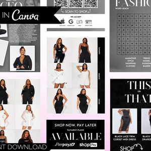 May include: A collage of images featuring different styles of dresses. The images are arranged in a grid format with text overlays. The text includes "Shop Now, Pay Later", "Available", "Afterpay", "Shop Pay", "This or That", "Black Lace Trim Corset Midi Dress", "Black Underwire Draped Midi Dress", and "Shop".