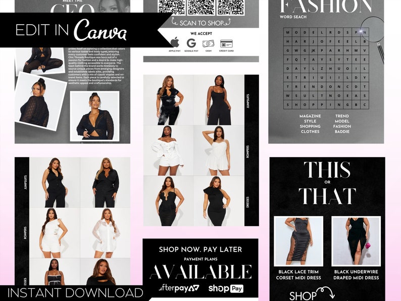 May include: A collage of images featuring different styles of dresses. The images are arranged in a grid format with text overlays. The text includes "Shop Now, Pay Later", "Available", "Afterpay", "Shop Pay", "This or That", "Black Lace Trim Corset Midi Dress", "Black Underwire Draped Midi Dress", and "Shop".