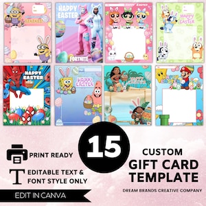 May include: A collection of 15 custom gift card templates with various cartoon characters and the words "Happy Easter". The templates are print-ready and have editable text and font styles. The image includes characters from Fortnite, Minions, and more.