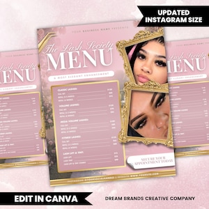 Puede incluir: Un menú rosa y dorado para "The Lash Society" con una foto de una mujer con largas pestañas en un marco dorado. El menú enumera los servicios de pestañas y los precios. El texto "Updated Instagram Size" está en la parte superior.