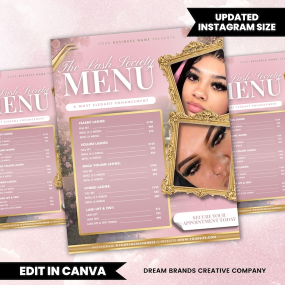 Lash Price List Flyer Template Canva | Lash Extension Service Menu | Eyelash Tech Pricing List | Beauty Business Price Guide