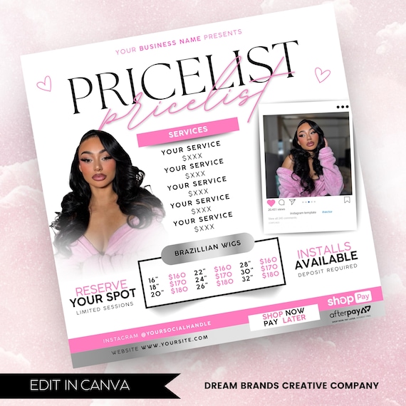 Hair Special Flyer, Hair Price List flyer, Hair Salon Wig Sale Price List Flyer, Hairstylist Wig Install Flyer, Hair Flyer, Wig Special