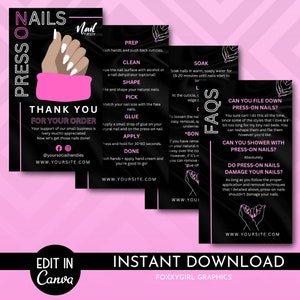 Press On Nails Care Guide Template, Custom Artificial Nails Application Steps, Printable False Nails Aftercare Cards Design, Instant