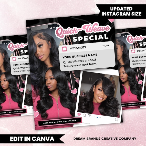 Hair Stylist Quick Weave Flyer Template, Salon Special Flyer, Install Promo Flyer, Lash Hair Beauty Flyer, Canva Editable Design