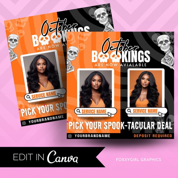 October Booking Flyer, Halloween Booking Flyer, Book Now Flyer, Halloween Appointment Flyer, Hair Nails Lashes Makeup Wigs