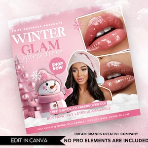 Op de afbeelding: Roze en witte winterthema-afbeelding met de tekst "Winter Glam starts here" en "Shop Now". De afbeelding bevat ook een sneeuwpop, een vrouw met een kerstmanmuts en lippen met glanzende lippenstift.