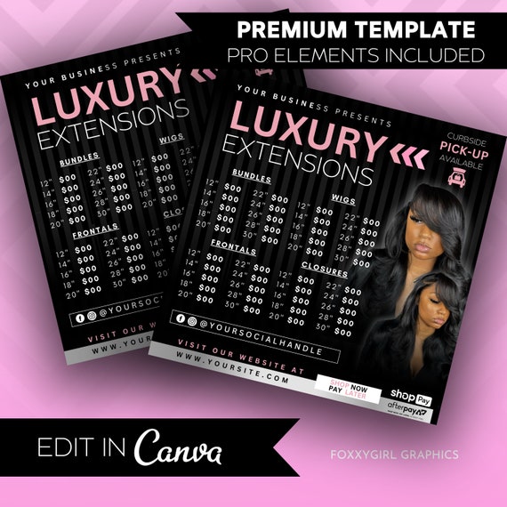 DIY Hair Pricelist Flyer, Hair Sale, Bundle Deals, Hair Extensions Wig Flyer, Editable Canva Template