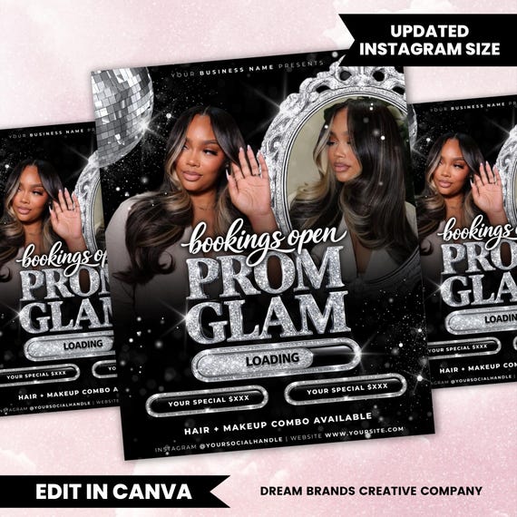 Prom Booking Flyer Canva Template | Prom Glam Beauty Ad | Hair Makeup Lash Flyer | Editable Instagram Promo | Beauty Business Marketing