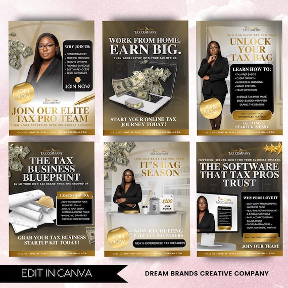 6 Fully Editable Tax Prep Service Flyers, 2026 Tax Season Flyers, Income Tax Preparer Flyers, Accounting Services Flyers, Canva Template