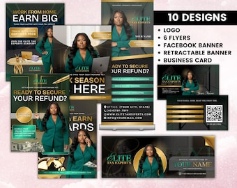 May include: A promotional kit for tax professionals, featuring a logo, flyers, Facebook banner, retractable banner, and business card designs. The kit includes the text "Tax Pro Starter Kit" and "Elite Tax Experts". The color scheme is green, gold, and black.