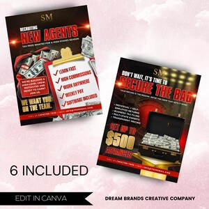 May include: Two promotional flyers with a dark background. One says "Recruiting New Agents" with a clipboard and money. The other says "Secure the Bag" with a briefcase full of money. Both flyers have contact information.