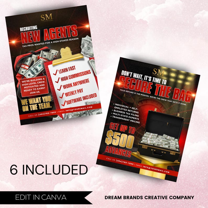 May include: Two promotional flyers with a dark background. One says "Recruiting New Agents" with a clipboard and money. The other says "Secure the Bag" with a briefcase full of money. Both flyers have contact information.