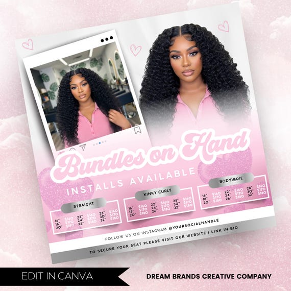 Editable Hair on hand flyer, wigs flyer Hair bundles flyer, frontals and closures flyer, hair flyer, Canva template