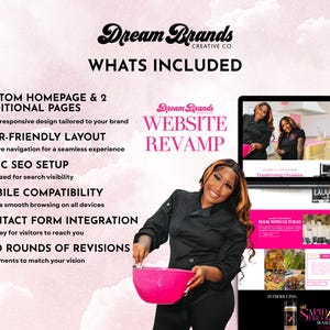 May include: Image promoting website revamp services. The image features a laptop displaying a website design, a woman holding a pink bowl, and text listing services like custom homepage, user-friendly layout, and SEO setup.