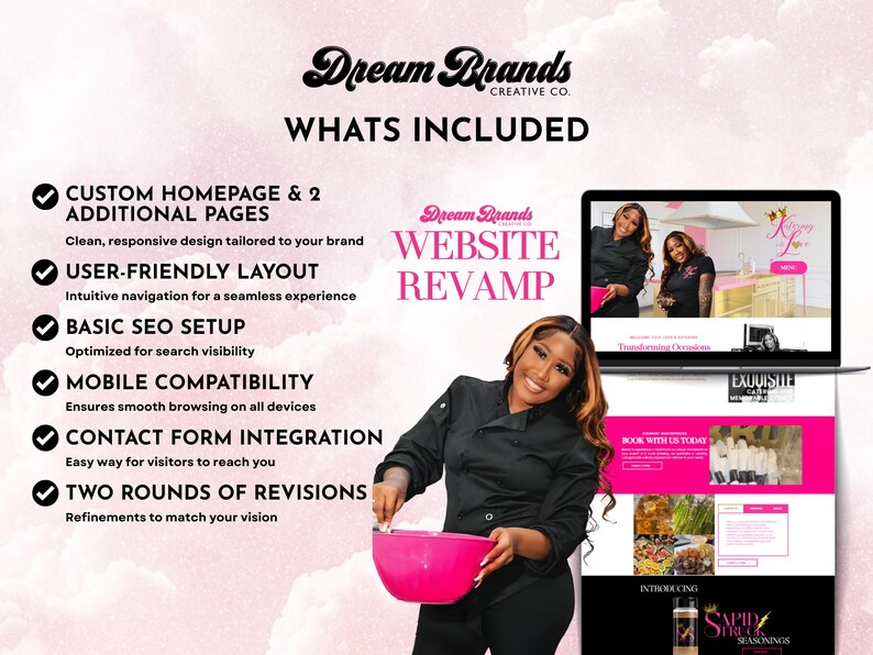 May include: Image promoting website revamp services. The image features a laptop displaying a website design, a woman holding a pink bowl, and text listing services like custom homepage, user-friendly layout, and SEO setup.
