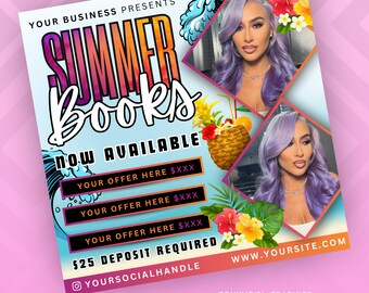 May include: A vibrant flyer advertising "SUMMER BOOKS", featuring a woman with purple hair, a pineapple cocktail, and tropical flowers. The design includes the text "NOW AVAILABLE" and several offer sections. The flyer is designed with a tropical theme.