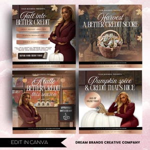May include: A set of four promotional graphics with a fall theme. Each graphic features a woman in a burgundy suit, a white pumpkin, and text promoting credit repair services. The text includes phrases like "Fall into Better Credit" and "Pumpkin Spice & Credit That's Nice."