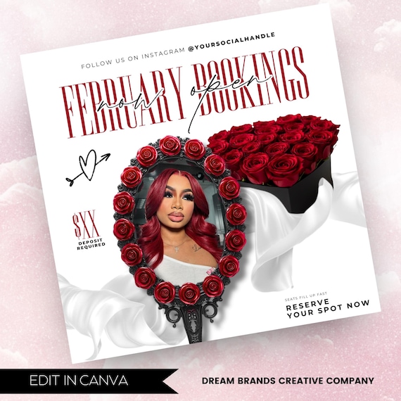 February Booking Flyer, Valentines Day Booking Flyer, February Bookings, Nail Hair Braids Lash Makeup Wig Install, Instagram Booking Flyer