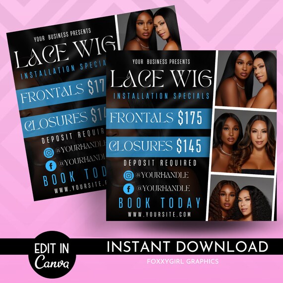 Wig Install Specials Flyer | DIY Hair Salon Appointment Book Now Sale Bundles Wigs Booking Salon Price List Editable Canva Flyer Template
