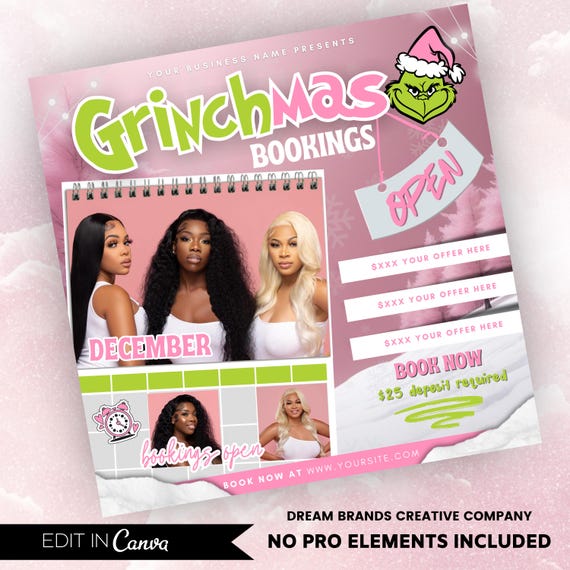 Grinchmas flyer bundle, December booking flyer, christmas, December price list, bookings available flyer, hair, nails, lashes, Canva Flyer