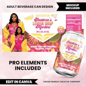 Pode incluir: Um design de lata para Cutwater Shatera's Lemon Drop Martini, com um esquema de cores rosa e amarelo. O design da lata inclui o texto "10% ALC. BY VOL." e "CUTWATER TEQUILA WITH STRAWBERRY AND NATURAL FLAVORS."