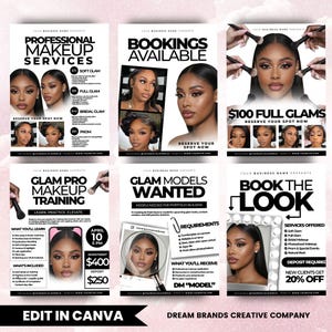 Pode incluir: Um conjunto de folhetos promocionais para serviços de maquilhagem, formação e oportunidades de modelo. Os folhetos apresentam imagens de mulheres com maquilhagem profissional e texto como "Serviços de maquilhagem profissional" e "Reservas disponíveis".