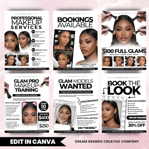 6 Makeup Flyer Templates Bundle, MUA Marketing Kit, Beauty Business Flyers Pack, Makeup Artist Promo Templates, Editable Canva Templates