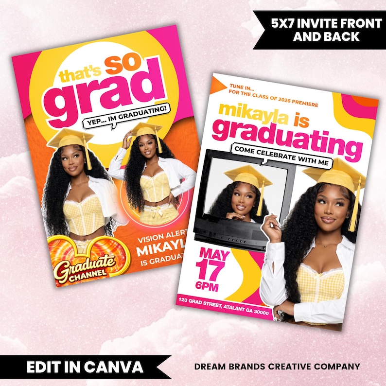Puede incluir: Dos anuncios de graduaci&oacute;n en rosa y naranja. Uno dice "that's so grad" y el otro "mikayla is graduating". Ambos presentan una foto de una persona con birrete. La fecha de la graduaci&oacute;n es el 17 de mayo.