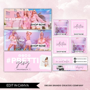 Könnte beinhalten: Rosa-weißes Social-Media-Banner mit rosa-weißem Hintergrund. Das Banner zeigt eine Gruppe von Frauen in rosa-weißer Kleidung. Der Text auf dem Banner lautet: "NEW ARRIVALS", "GET THE LOOK", "#PRETTI gang", "SHOP NOW", "FOLLOW US on social media", "FREE shipping", "www.prettigang.com", und "EDIT IN CANVA".