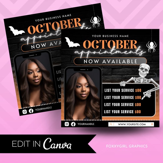 October Bookings Flyers, Halloween Bookings Available, Appointment Flyer, Spooky Flyer, Hair, Nails, Makeup Lashes Braids Wigs Flyer