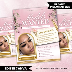 May include: Pink and gold flyer with the text "Models Wanted" and a photo of a person with eyelash extensions. The flyer includes requirements and benefits for lash models. The text "Edit in Canva" is at the bottom.