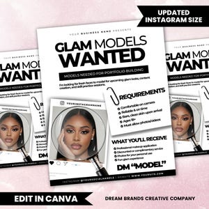 Op de afbeelding: Een witte flyer met de kop "GLAM MODELS WANTED" in grote zwarte letters. De flyer bevat eisen voor modellen, zoals comfortabel zijn voor de camera en 18 jaar of ouder. Het vermeldt ook voordelen voor modellen.