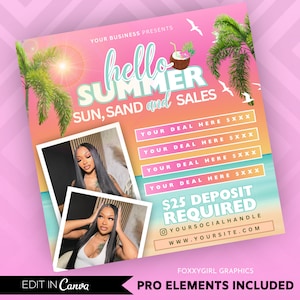 May include: A pink and orange summer sale flyer featuring a palm tree and a coconut drink. The flyer reads "hello summer sun, sand and sales". There are four spaces for deals and a deposit required message. The flyer also includes a social media handle and website.