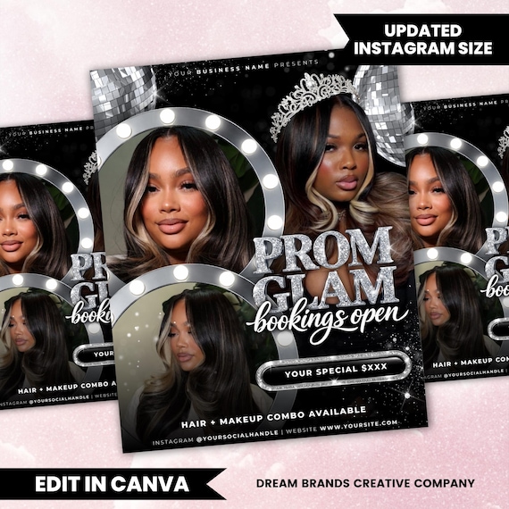 Prom Booking Flyer Canva Template | Prom Glam Beauty Ad | Hair Makeup Lash Flyer | Editable Instagram Promo | Beauty Business Marketing