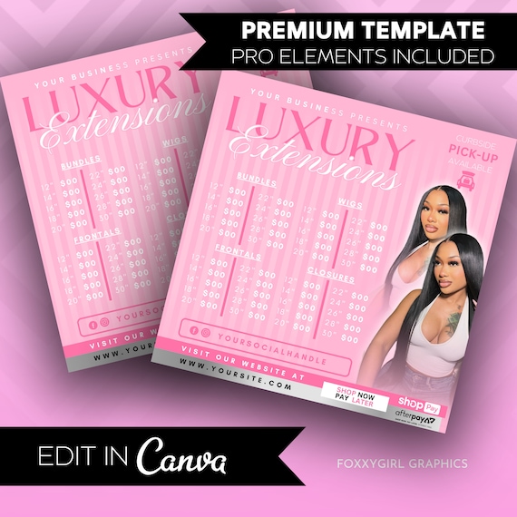 DIY Hair Pricelist Flyer, Hair Sale, Bundle Deals, Hair Extensions Wig Flyer, Editable Canva Template