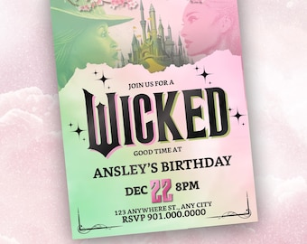 Wicked Birthday Party Invitation, Wicked party invitation, WICKED inspired Movie ticket, Elphaba & Glinda Theme, Movie party, Canva Editable