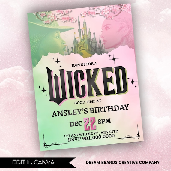 Wicked Birthday Party Invitation, Wicked party invitation, WICKED inspired Movie ticket, Elphaba & Glinda Theme, Movie party, Canva Editable