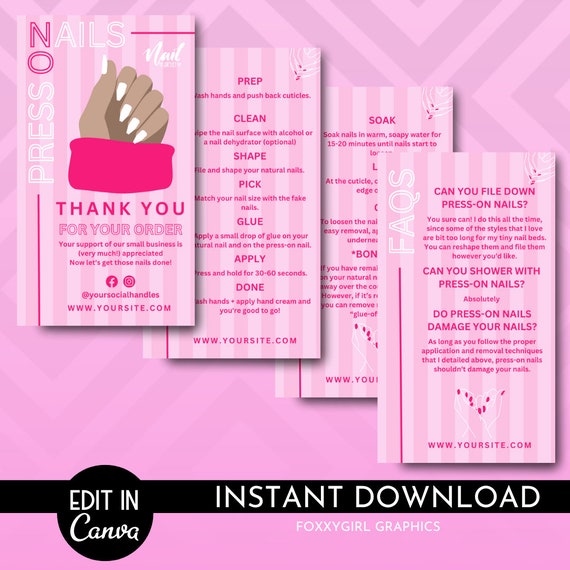 Press On Nails Care Guide Template, Custom Artificial Nails Application Steps, Printable False Nails Aftercare Cards Design, Instant
