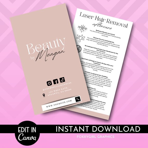 Laser Hair Removal Care Card Template, IPL Hair Removal Aftercare Template, Printable Hair Removal Care Guide, Editable Laser Hair Removal