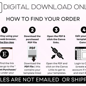 May include: A four-step guide on how to find your digital download order on Etsy. The steps include logging into Etsy using your phone's web browser, downloading the purchased PDF file, opening the PDF and clicking on the Canva links, and editing your new template in Canva. The text "*FILES ARE NOT EMAILED OR SHIPPED" is at the bottom of the image.