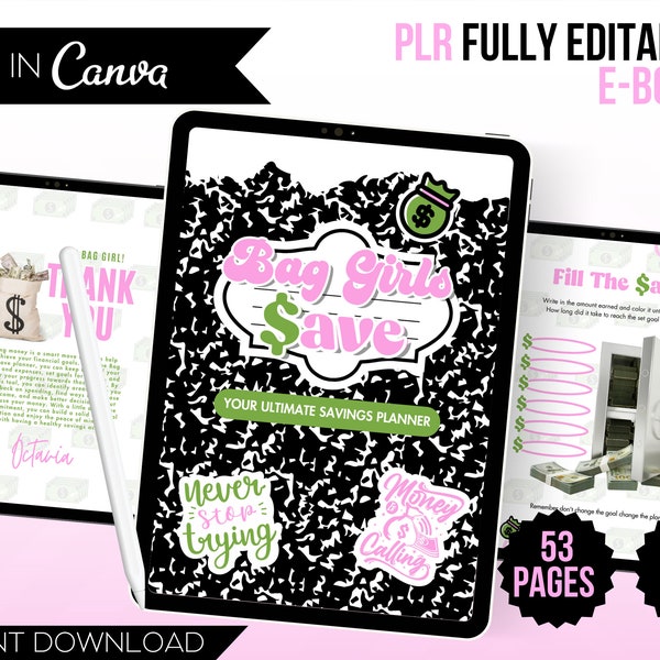 PLR WORKBOOK Template, Bag Girls Save,  Money Planner, Savings Planner Template, Budgeting, PDF book, E-book Canva