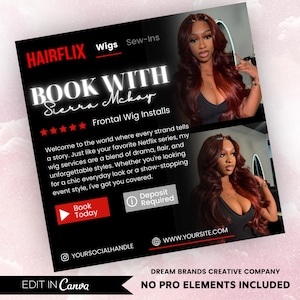 May include: Black and white graphic with red text that says "HAIRFLIX" and "BOOK WITH Sierra Mckay". The graphic advertises frontal wig installs and includes a call to action to book today. The graphic also includes a website address and social media handle.