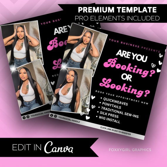 Booking or Looking Flyer, DIY Hair Special Flyer, Hairstylist Appointments Available Book Now Flyer Premade Lashes Nails Wigs Canva Template